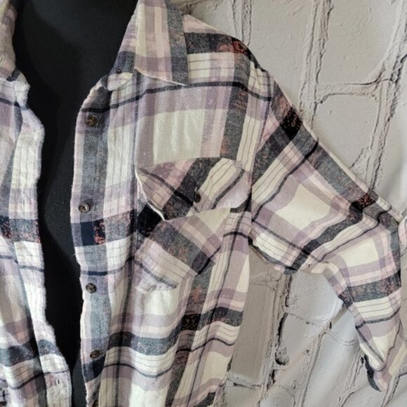 Lavender Purple Plaid Double Pocket Button Down Long Sleeve Bleach Splatter Sz L - Picture 2 of 7